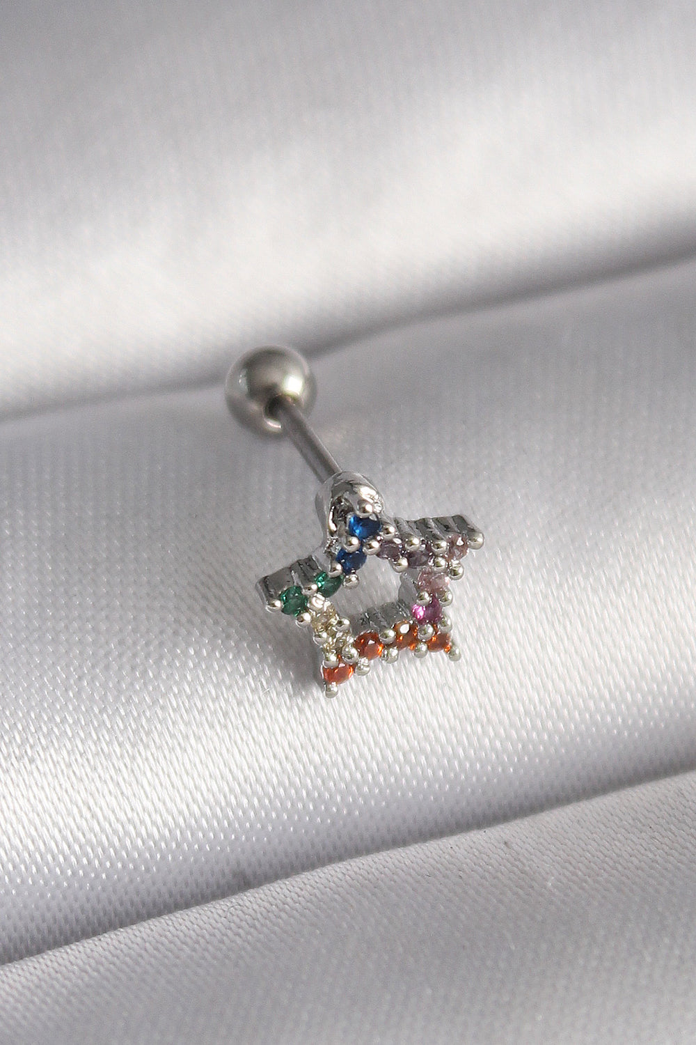 316L Çelik Gümüş Renk Renkli Zirkon Taşlı Yıldız Model Tragus Piercing TG27PR1355