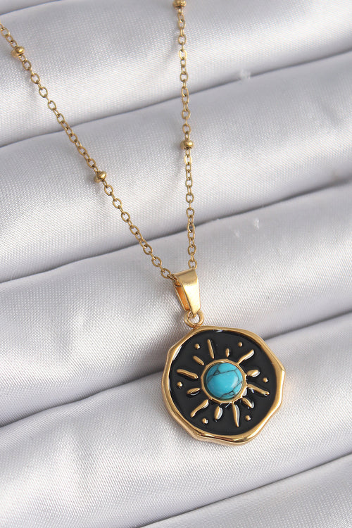 316L Çelik Gold Renk Mavi Boncuk Güneş İşleme Madalyon Model Kadın Kolye TG27BKO9524