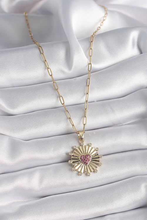 316L Çelik Gold Renk Pembe Zirkon Taşlı Kalp İşleme Madalyon Model Kadın Kolye TG27BKO9534 - görsel 2