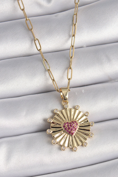 316L Çelik Gold Renk Pembe Zirkon Taşlı Kalp İşleme Madalyon Model Kadın Kolye TG27BKO9534