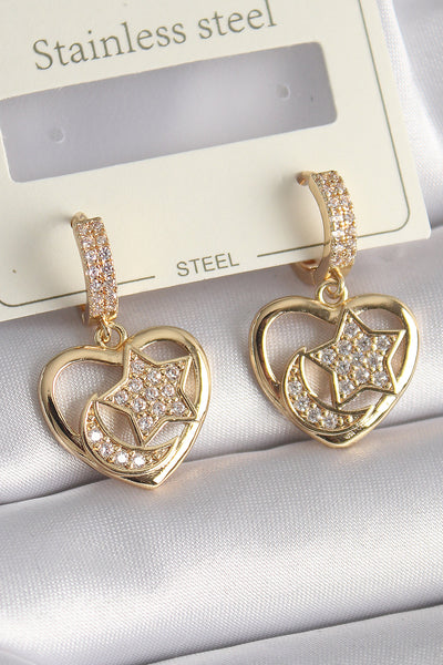 Pirinç Gold Renk Zirkon Taşlı Kalp Model Ay Yıldız İşleme Kadın Küpe TG27BKP9737