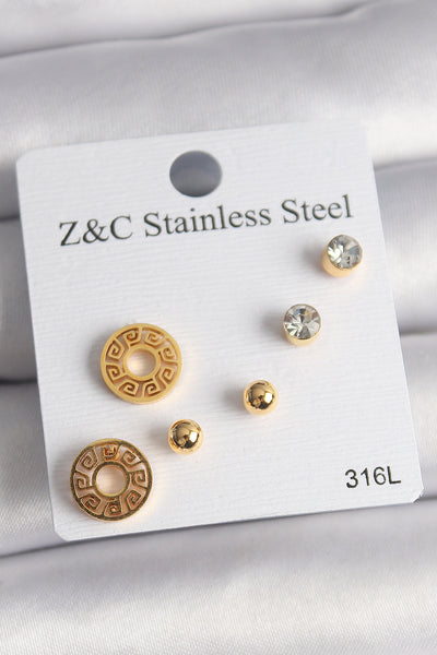 316L Çelik Gold Renk Zirkon Taşı Labirent Model Kadın Küpe Seti TG27BKP10011