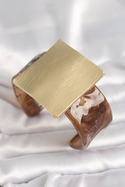 Kahverengi Mermer Desen Akrilik Plastik Gold Kare Plaka Model Vintage Kadın Bilezik TG27BB6682