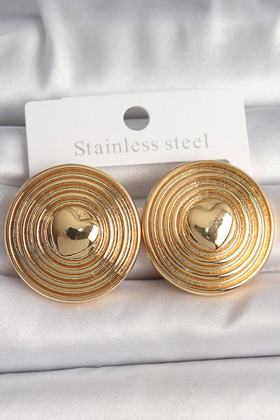 Pirinç Gold Renk Kalp İşlemeli Daire Plaka Model Kadın Küpe TG27BKP10155