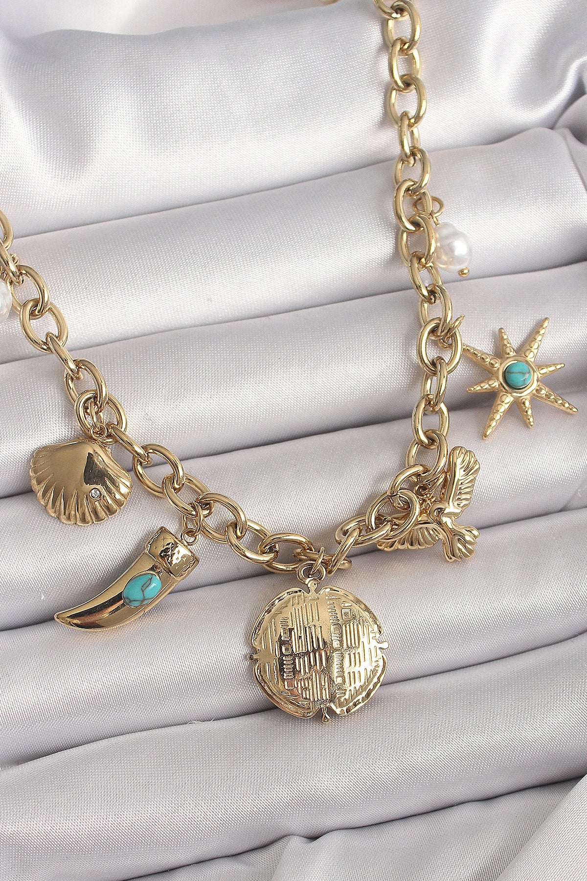 316L Çelik Gold Renk Zincir Sallantılı Çoklu Figür Model Kadın Kolye TG27BKO9849 - Çok Renkli / Standart