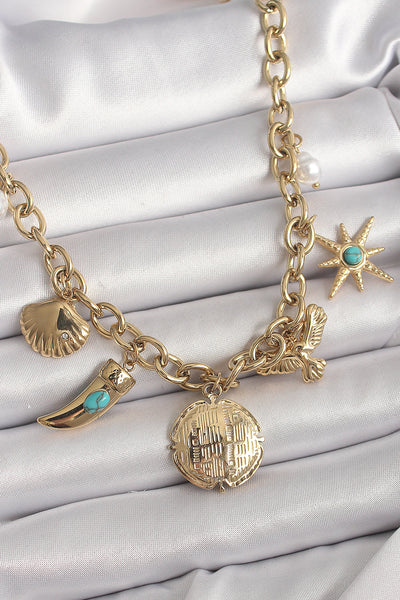 316L Çelik Gold Renk Zincir Sallantılı Çoklu Figür Model Kadın Kolye TG27BKO9849