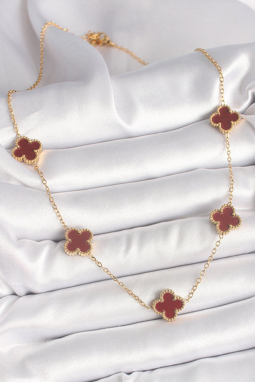 316L Çelik Gold Renk Zincir Bordo Yonca Model Kadın Kolye TG27BKO9926 - görsel 2