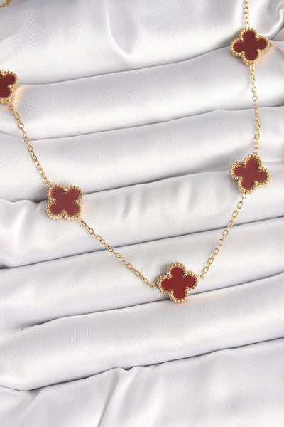 316L Çelik Gold Renk Zincir Bordo Yonca Model Kadın Kolye TG27BKO9926