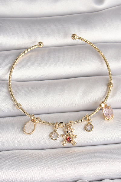 Pirinç Gold Renk Sallantı Zirkon Taşlı Ayıcık Figür Kırmızı Kalp Detay Charm Kadın Bileklik TG27BB6896