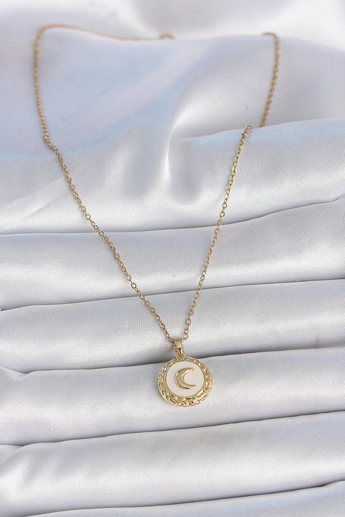316L Çelik Gold Renk Zincir Beyaz Mineli Hilal İşlemeli Madalyon Model Kadın Kolye TG27BKO10035 - görsel 2