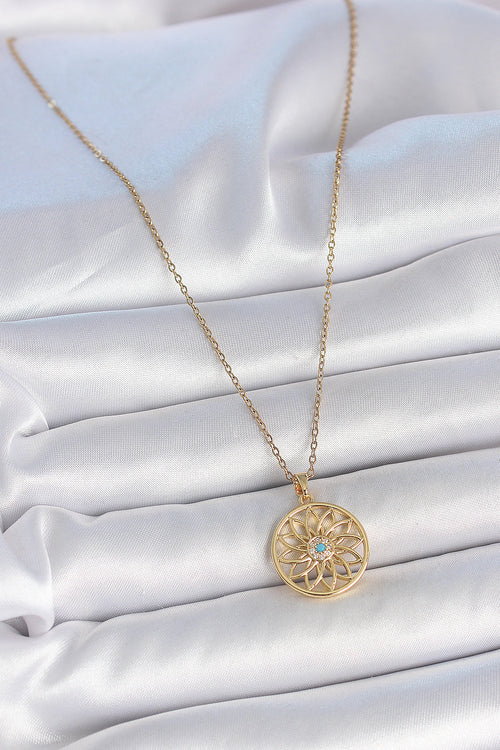 316L Çelik Gold Renk Zincr Mavi Taşlı Lotus Model Kadın Kolye TG27BKO10061