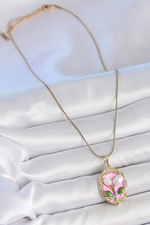 316L Çelik Gold Renk Zincir Pembe Mineli İncili Çiçek İşlemeli Portre Model Kadın Kolye TG27BKO10169 - görsel 2
