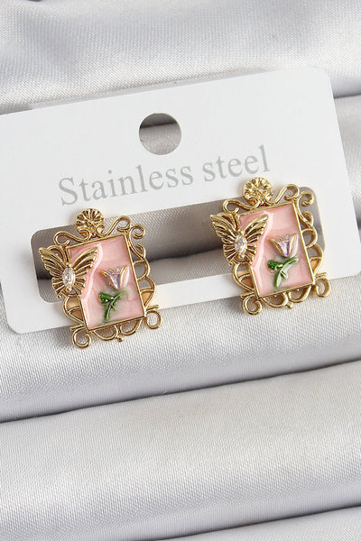 Pirinç Pembe Mineli Sanatsal Portre Model Gold Renk Kadın Küpe TG27BKP10685