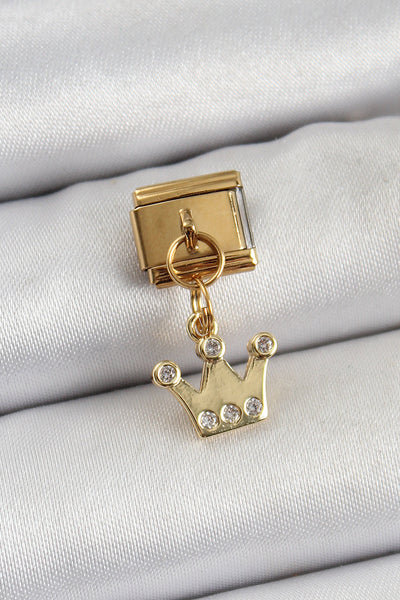 316L Çelik Sallantılı Zirkon Taşlı Kraliçe Tacı Model Gold Renk Nomination Charm TG27BC1397