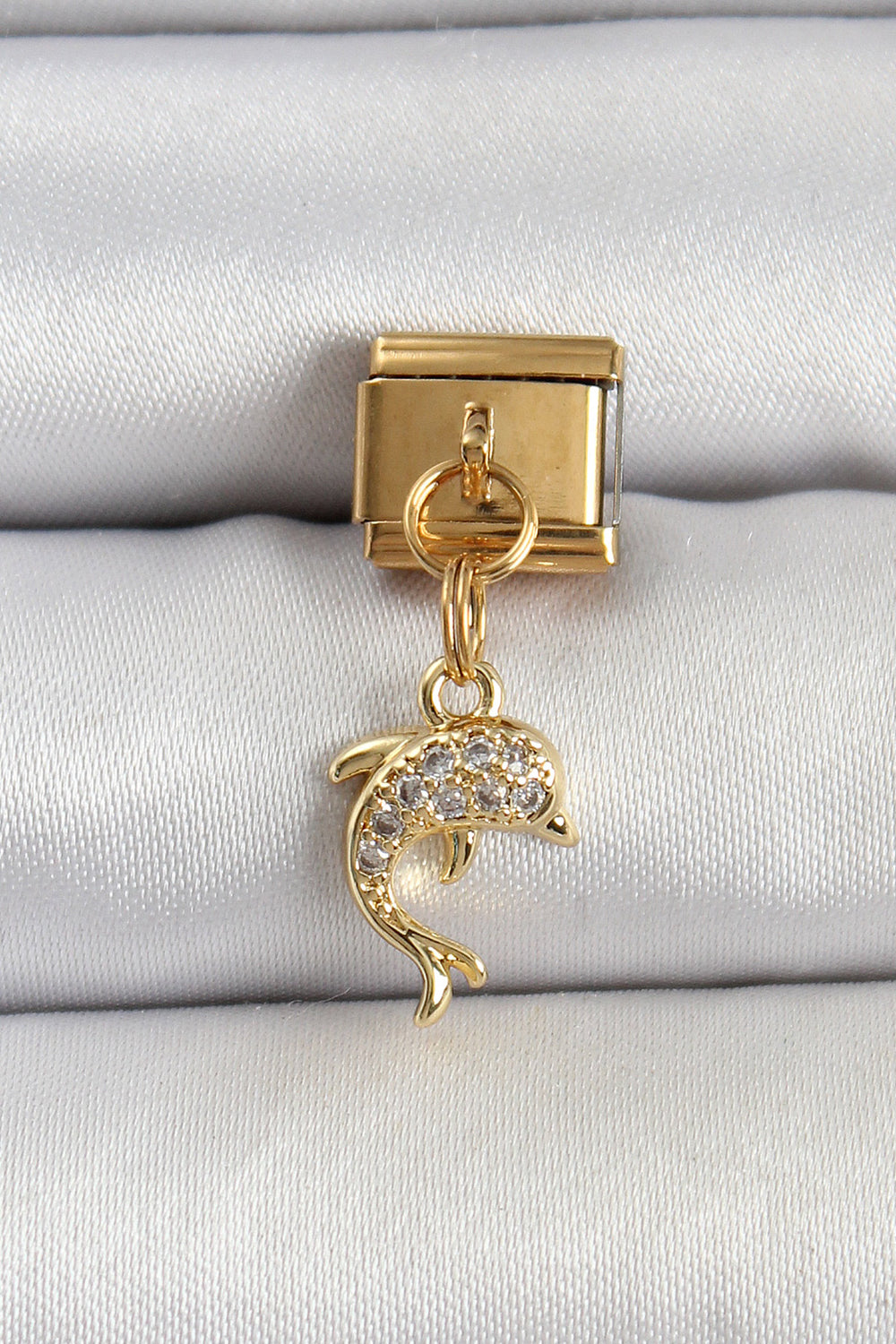 316L Çelik Sallantılı Zirkon Taşlı Yunus Balığı Model Gold Renk Nomination Charm TG27BC1407