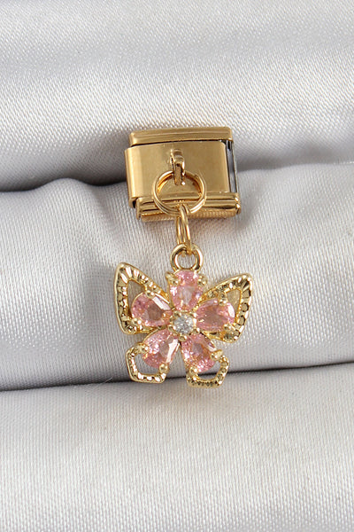 316L Çelik Sallantılı Zirkon Taşlı Çiçek Figürlü Kelebek Model Gold Renk Nomination Charm TG27BC1419