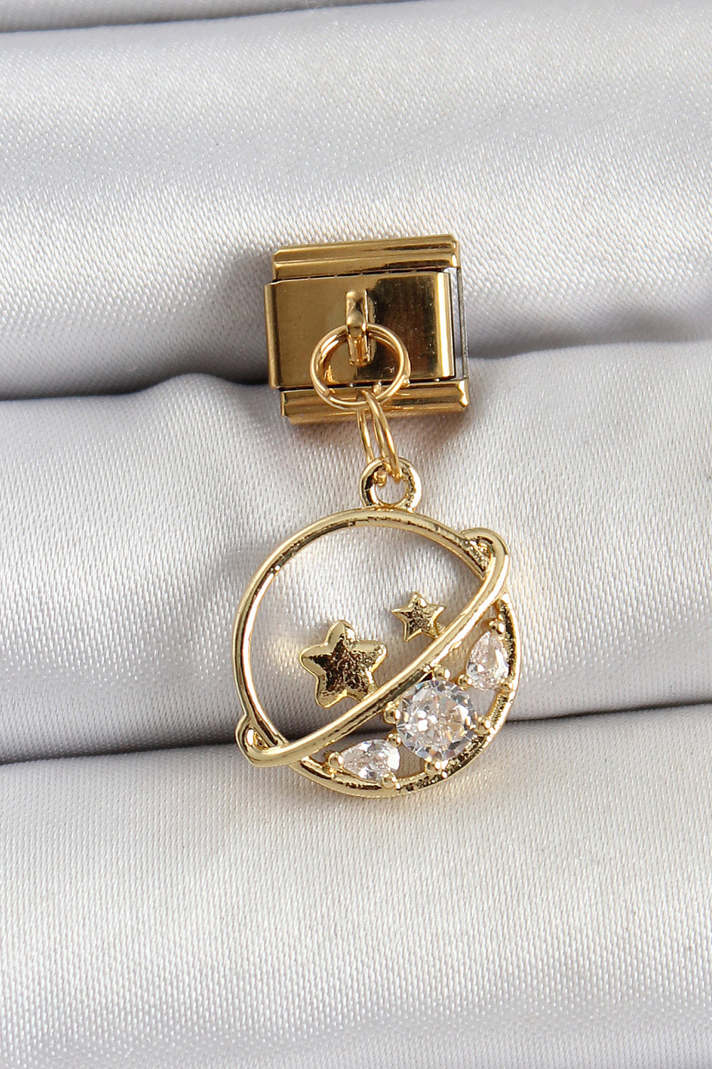316L Çelik Sallantılı Zirkon Taşlı Satürn Model Gold Renk Nomination Charm TG27BC1418