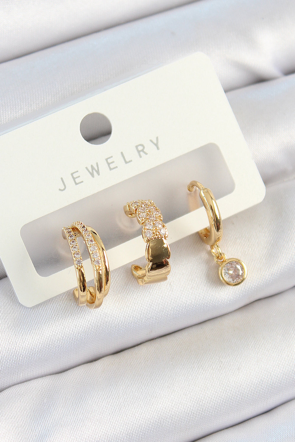 Pirinç Zirkon Taşlı Halka Model Gold Renk 3'lü Çift Kadın Küpe Set TG27BKP10826
