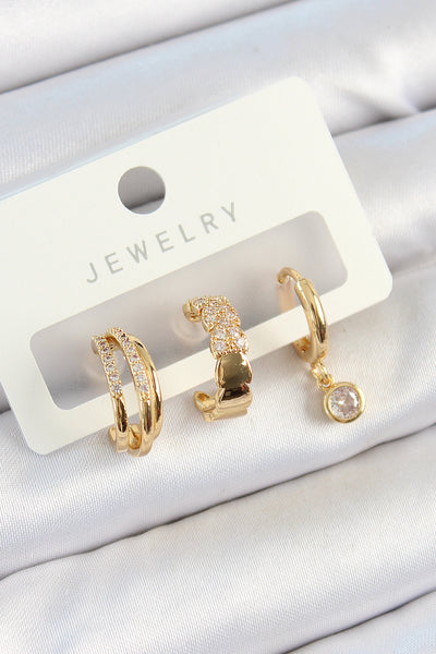 Pirinç Zirkon Taşlı Halka Model Gold Renk 3'lü Çift Kadın Küpe Set TG27BKP10826