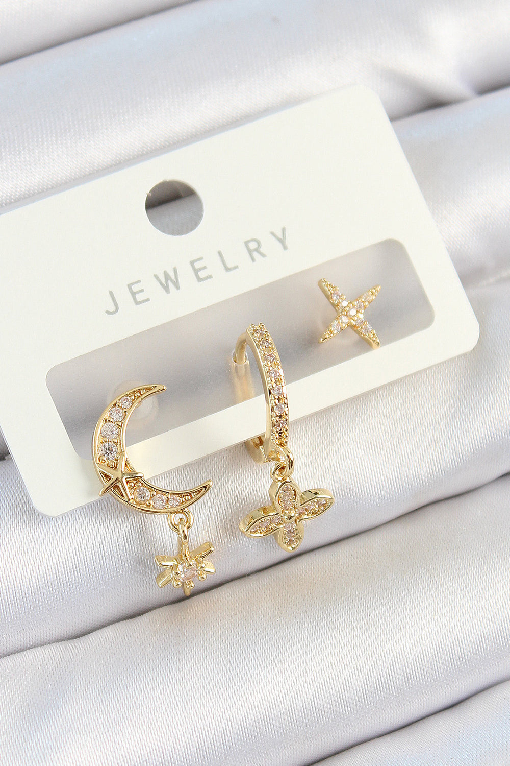 Pirinç Zirkon Taşlı Çiçek Ve Ay Model Gold Renk 3'lü Çift Kadın Küpe Set TG27BKP10827