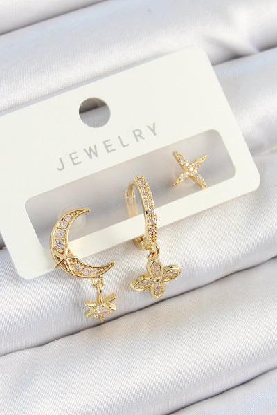 Pirinç Zirkon Taşlı Çiçek Ve Ay Model Gold Renk 3'lü Çift Kadın Küpe Set TG27BKP10827