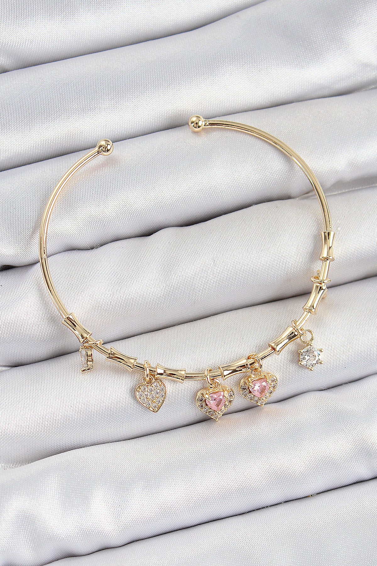 Pirinç Zirkon Taşlı Pembe Kalp Model Gold Renk Charm Bileklik TG27BB7356 - Çok Renkli / Standart