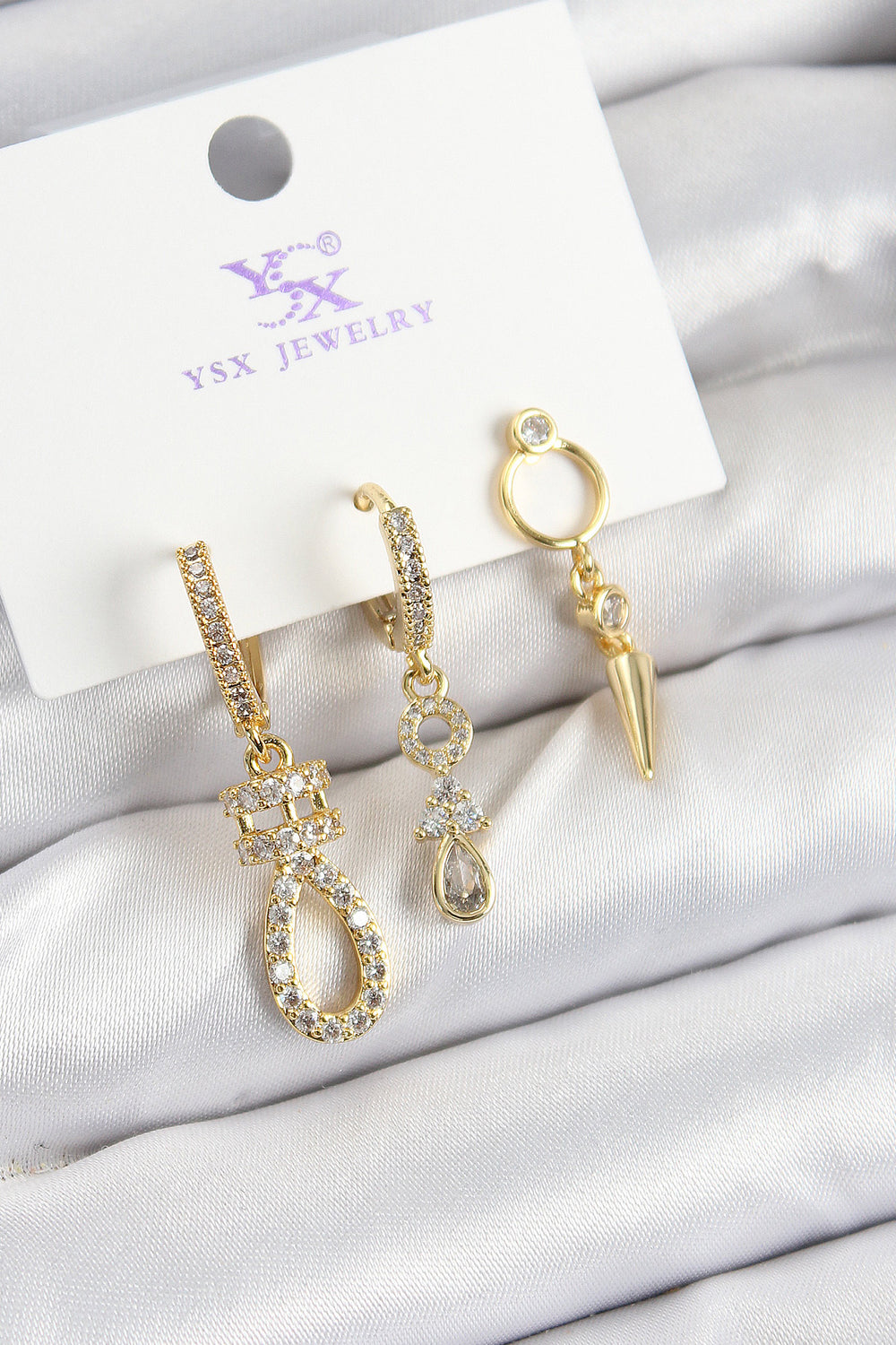 Pirinç Zİrkon Taşlı Sallantılı Model Gold Renk 3'lü Kadın Küpe TG27BKP10939