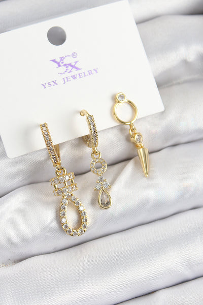 Pirinç Zİrkon Taşlı Sallantılı Model Gold Renk 3'lü Kadın Küpe TG27BKP10939