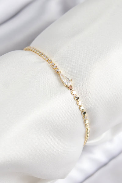Pirinç Zirkon Taşlı Damla Model Ezme Zincir Gold Renk Kadın Bileklik TG27BB7589