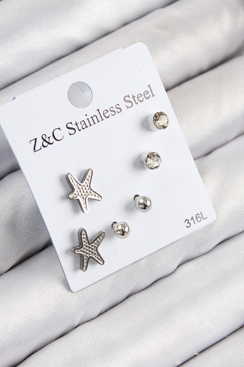 316L Çelik Zirkon Taşlı Deniz Yıldızı Model Gümüş Renk Kadın Set Küpe TG27BKP11120