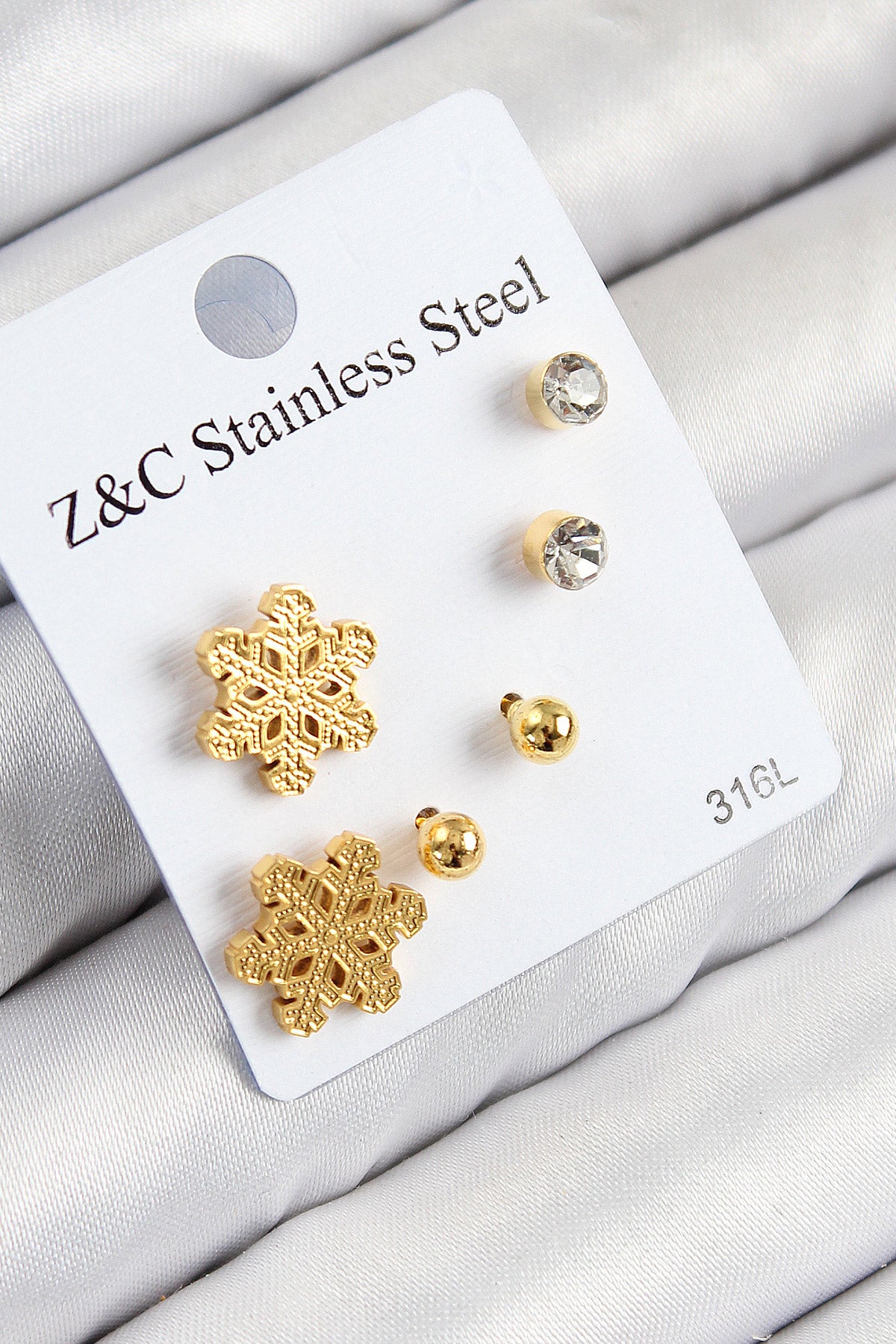316L Çelik Zirkon Taşlı Kar Tanesi Model Gold Renk Kadın Set Küpe TG27BKP11122 - Çok Renkli / Standart