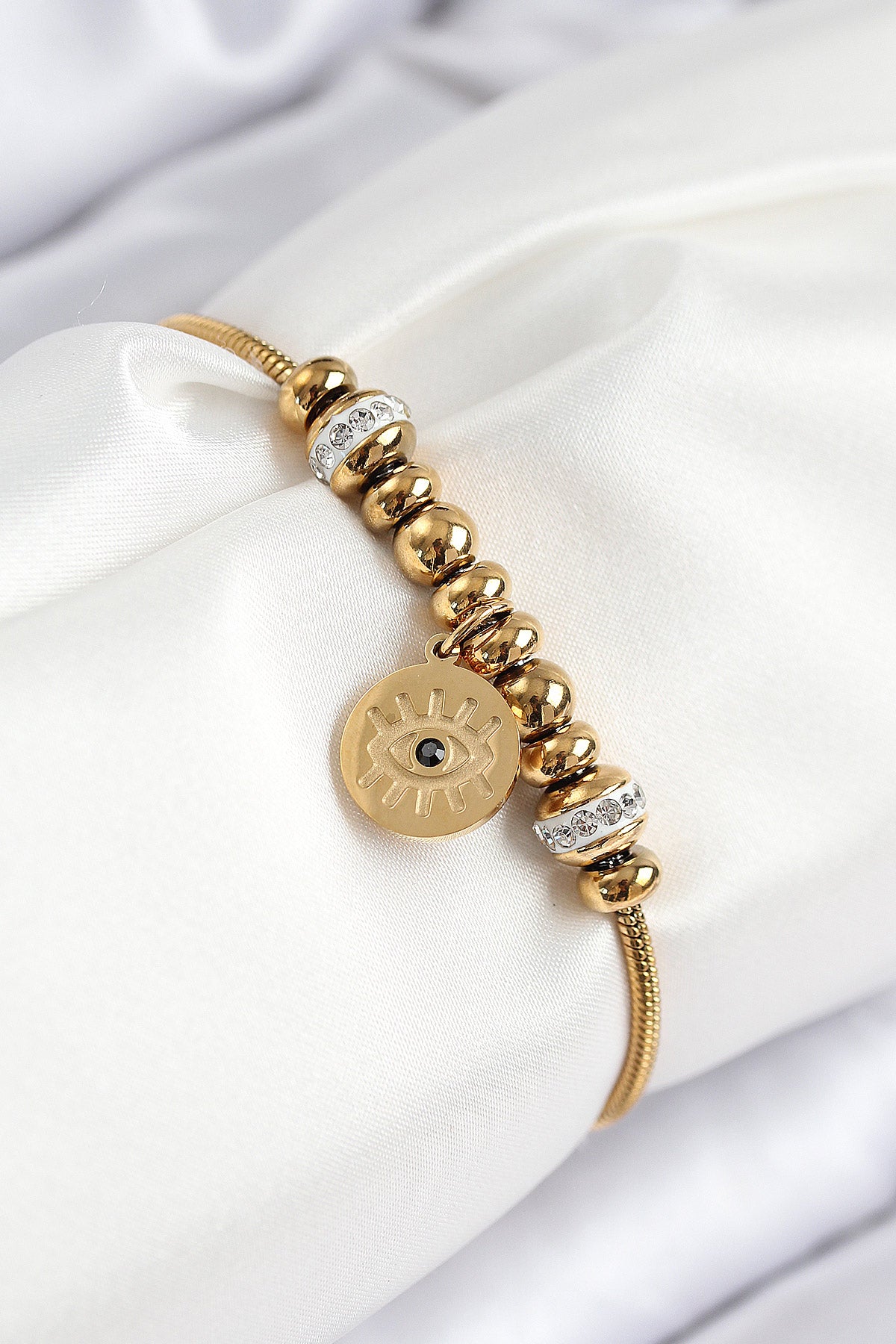 316L Çelik Zirkon Taşlı Göz Charm Model Gold Renk Kadın Bileklik TG27BB7842 - Çok Renkli / Standart