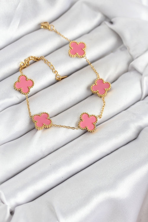 316L Çelik Gold Zincir Pembe Yonca Renk Bileklik TG27BB7908