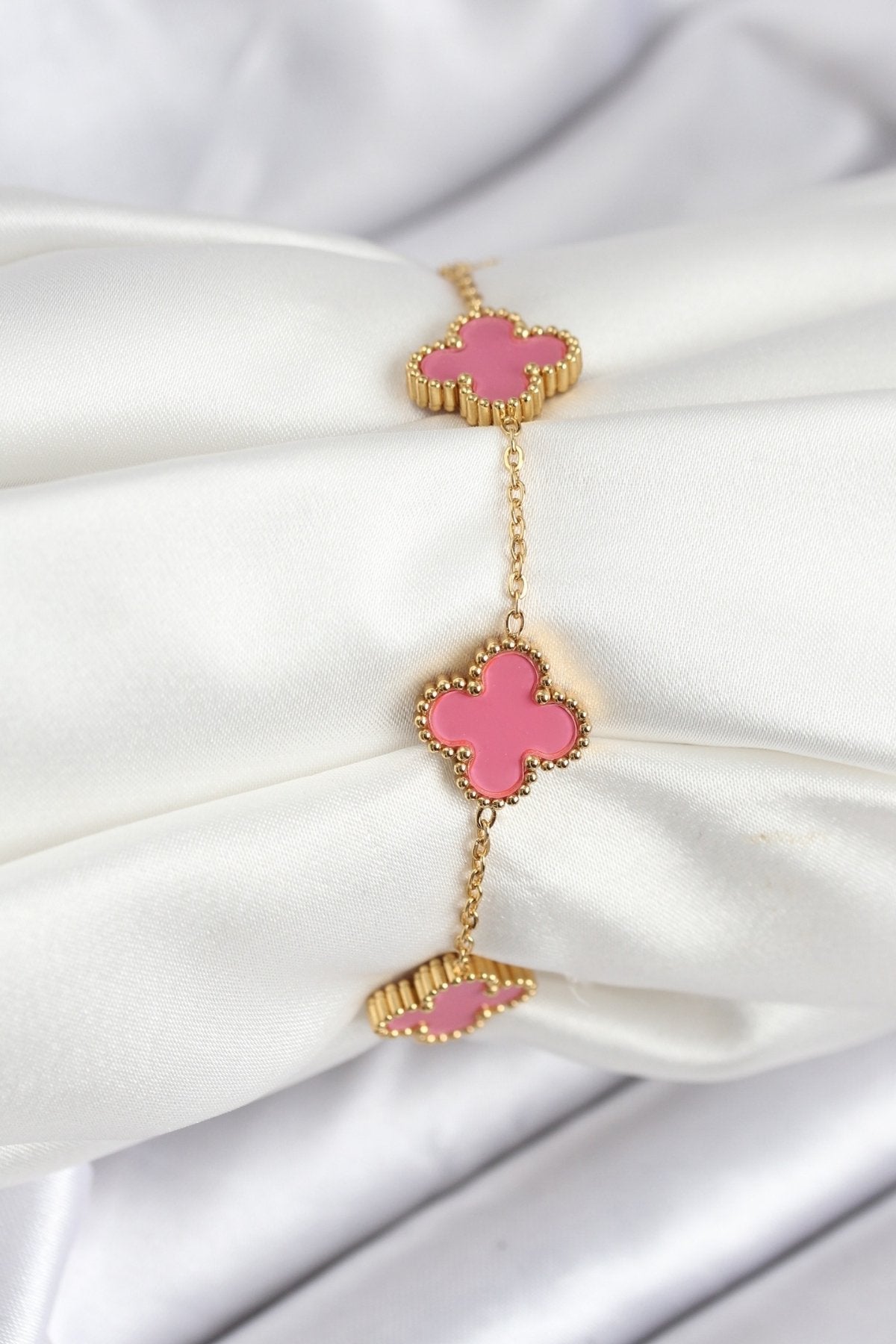 316L Çelik Gold Zincir Pembe Yonca Renk Bileklik TG27BB7908 - Çok Renkli / Standart