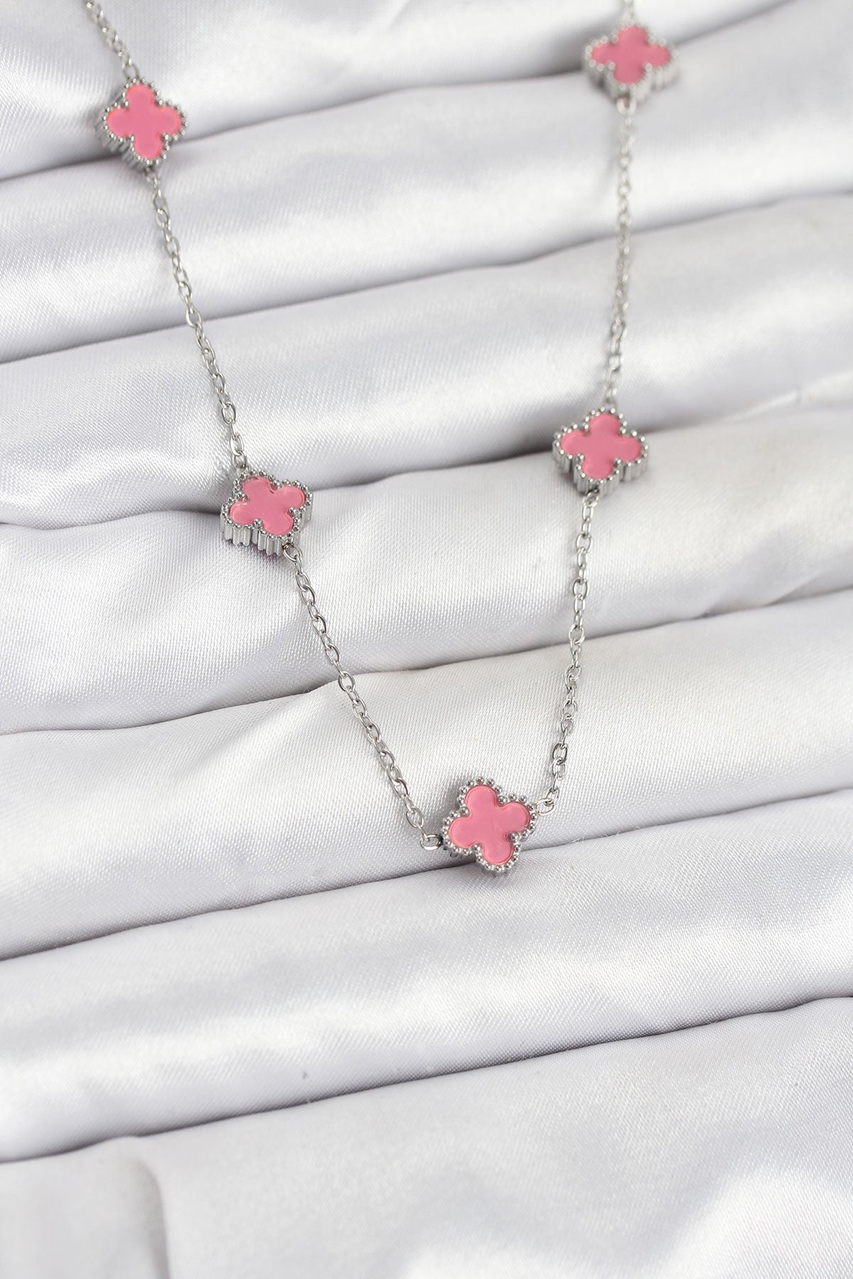316L Çelik Zincir Gümüş Renk Pembe Baby Boy Yonca Kadın Kolye TG27BKO10579 - Çok Renkli / Standart