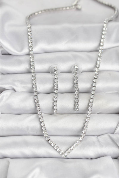 Gümüş Renk Zirkon Taşlı Kadın Kolye Küpe Seti TG27BKO10638