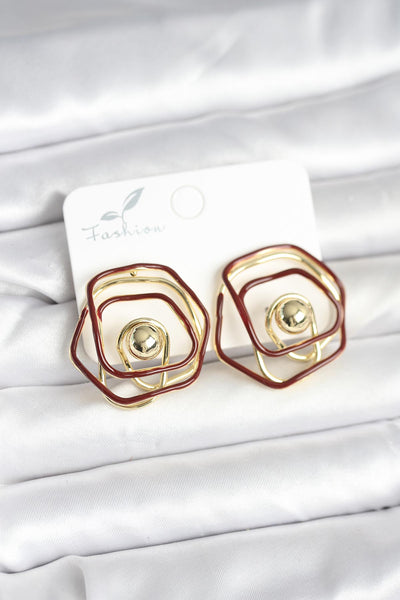 Pirinç Gold Renk Bordo Mineli Geometrik Gül Model Kadın Küpe TG27BKP11374