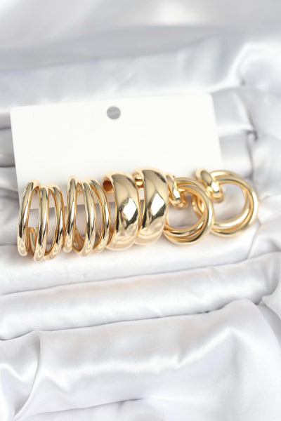 Pirinç Gold Renk 3 Çift Vintage Kadın Küpe Seti TG27BKP11382