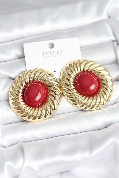 Pirinç Gold Renk Bordo Boncuklu Vintage Kadın Küpe TG27BKP11389
