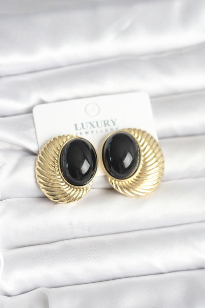 Pirinç Gold Renk Siyah Boncuklu Oval Vintage Kadın Küpe TG27BKP11390