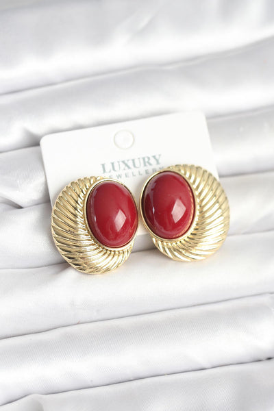 Pirinç Gold Renk Bordo Boncuklu Oval Vintage Kadın Küpe TG27BKP11391