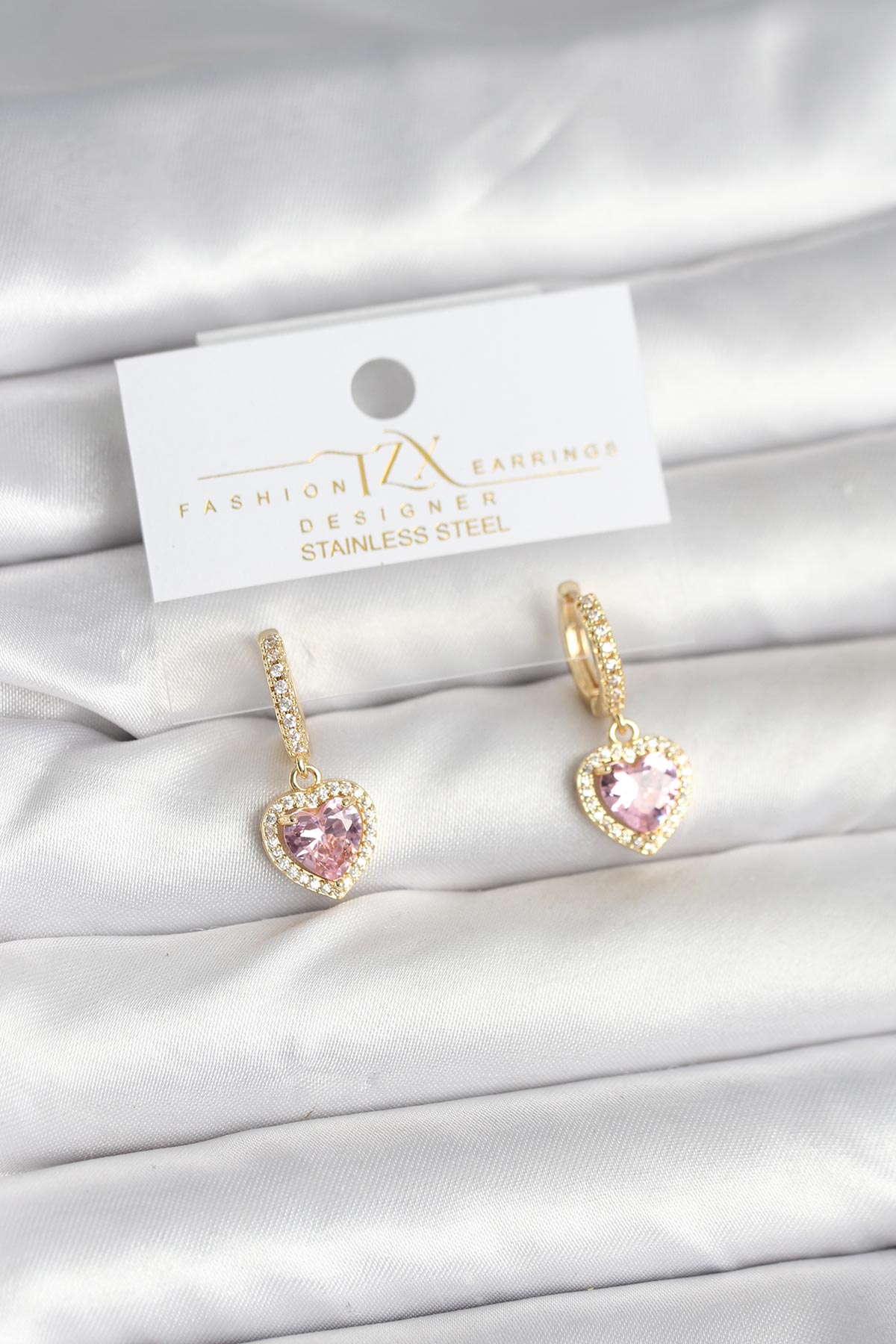 Pirinç Gold Pembe Renk Zirkon Taşlı Kalp Model Kadın Küpe TG27BKP11393 - Çok Renkli / Standart