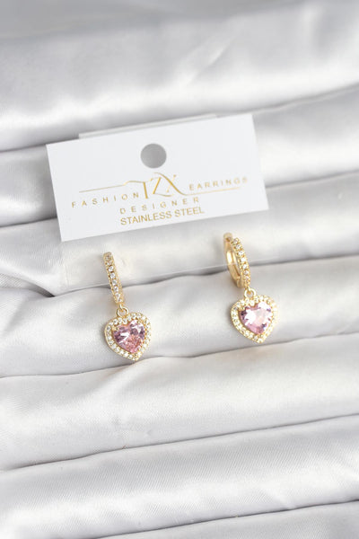 Pirinç Gold Pembe Renk Zirkon Taşlı Kalp Model Kadın Küpe TG27BKP11393