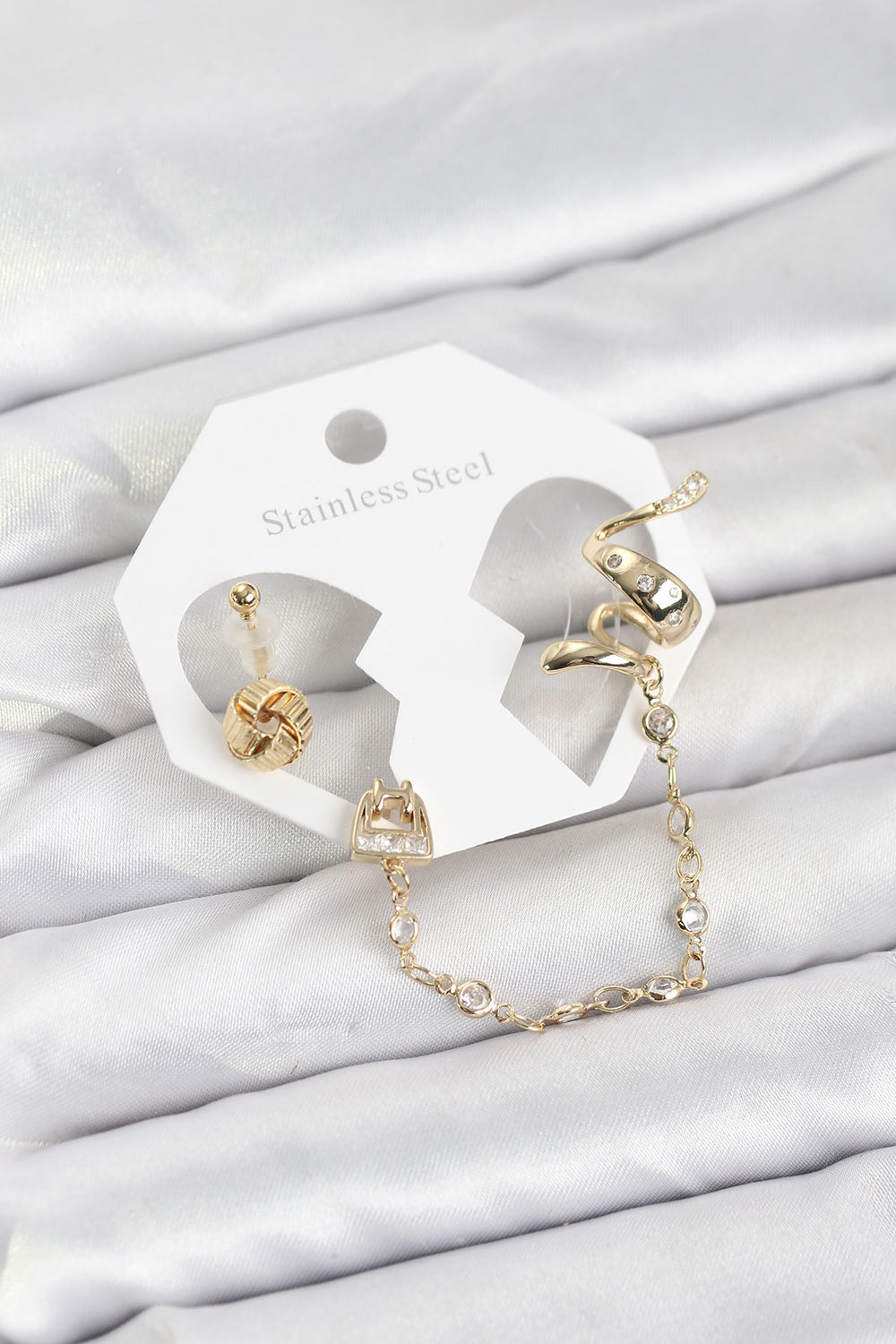Pirinç Gold Renk Yılan Model Zincir Bağlantılı Ear Cuff Küpe Seti TG27BKP11532