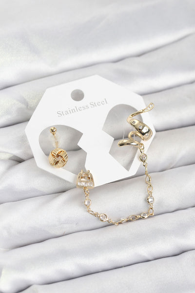 Pirinç Gold Renk Yılan Model Zincir Bağlantılı Ear Cuff Küpe Seti TG27BKP11532
