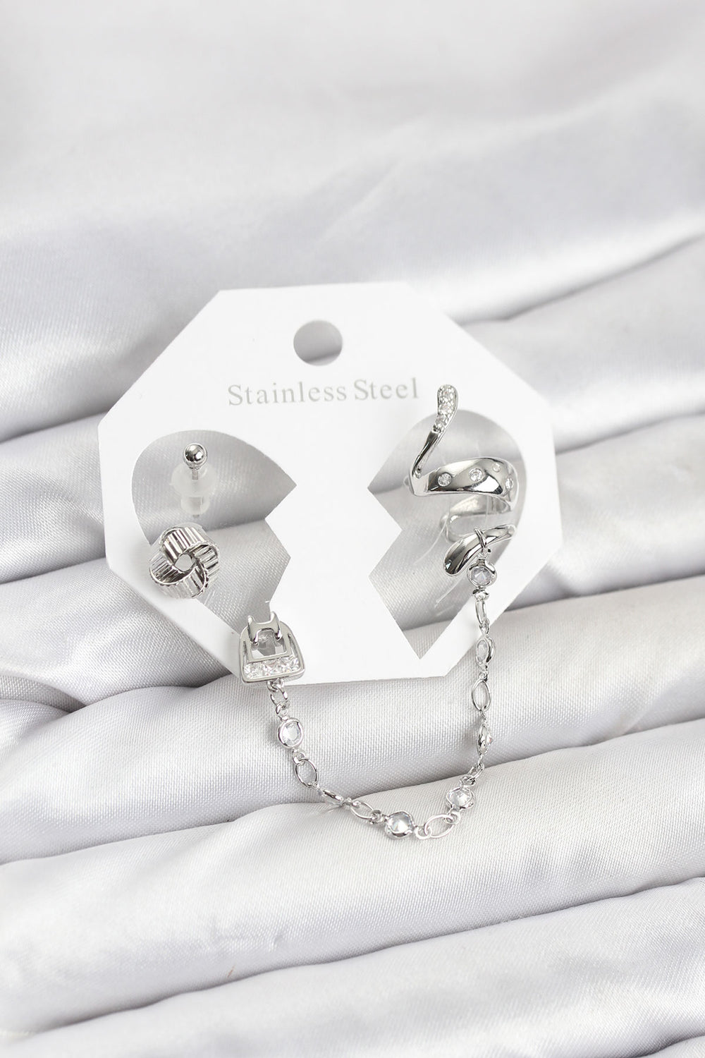 Pirinç Gümüş Renk Yılan Model Zincir Bağlantılı Ear Cuff Küpe Seti TG27BKP11533