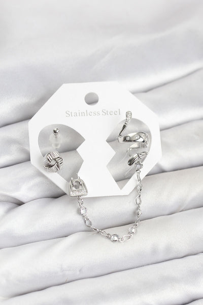 Pirinç Gümüş Renk Yılan Model Zincir Bağlantılı Ear Cuff Küpe Seti TG27BKP11533