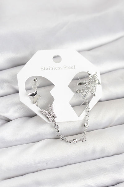 Pirinç Gümüş Renk Kelebek Model Zincir Bağlantılı Ear Cuff Küpe Seti TG27BKP11535