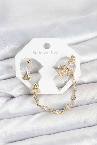 Pirinç Gold Renk Yıldızlı Model Zincir Bağlantılı Ear Cuff Küpe Seti TG27BKP11540