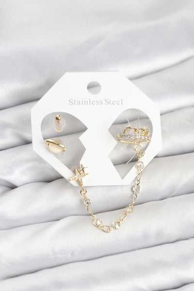 Pirinç Gold Renk Uzay Model Zincir Bağlantılı Ear Cuff Küpe Seti TG27BKP11542